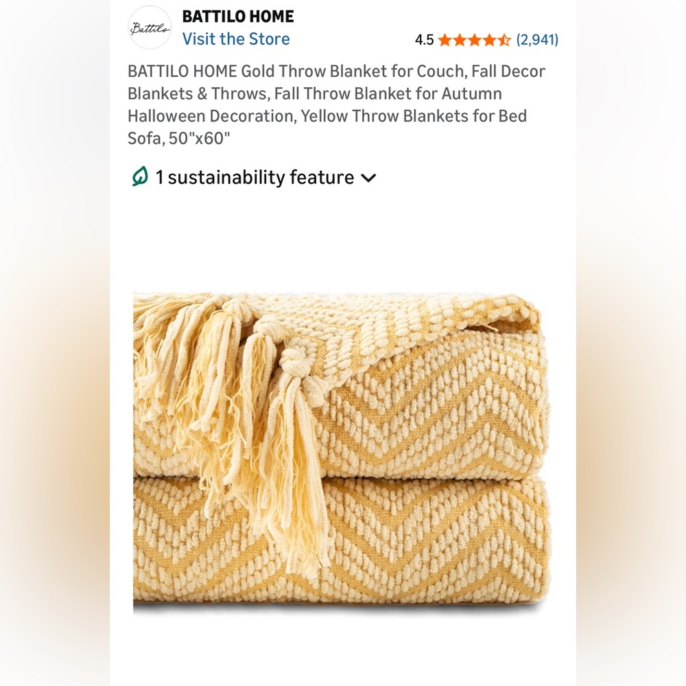 NWT Battilo Home Throw Blanket 50"x60" Yellow/Gold ZigZag Chenille Fringe Tassel